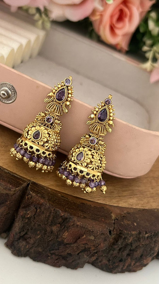 Ethnic Purple Stone Temple Jhumkas with Beaded Hanging and Screw back in big size
