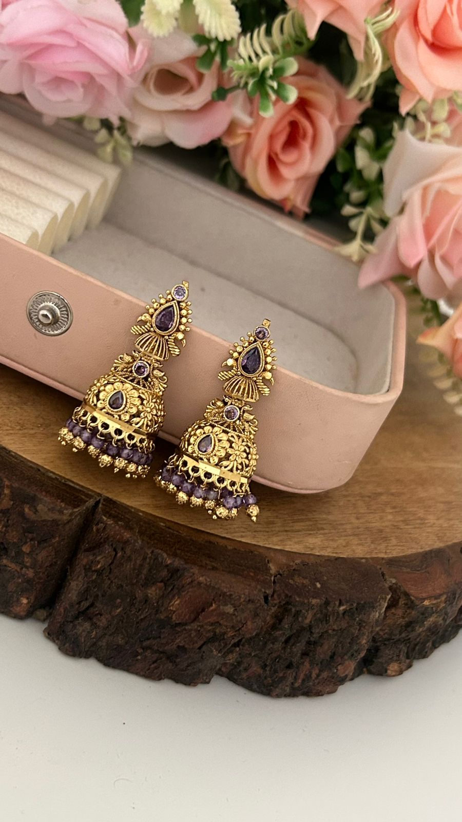 Ethnic Purple Stone Temple Jhumkas with Beaded Hanging and Screw back in big size