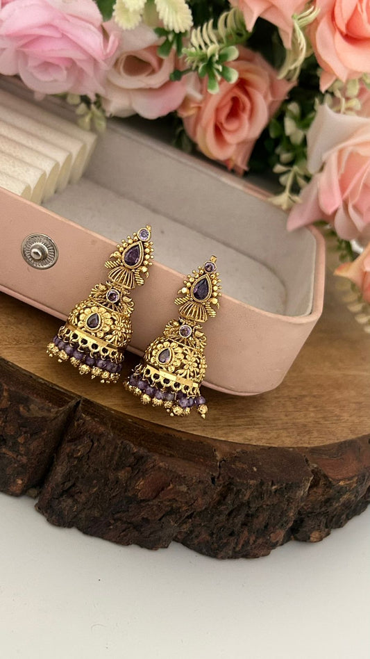 Ethnic Purple Stone Temple Jhumkas with Beaded Hanging and Screw back in big size