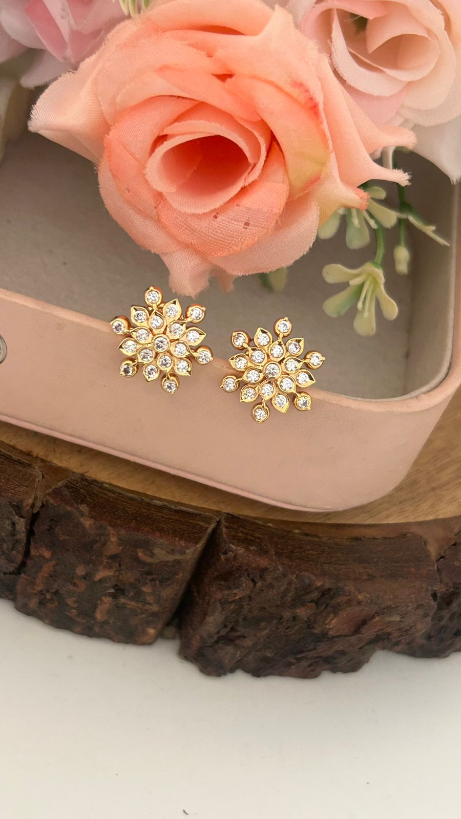Traditional Panchaloham (Medium) Floral Stud Earrings with white Stones in Mediumsize
