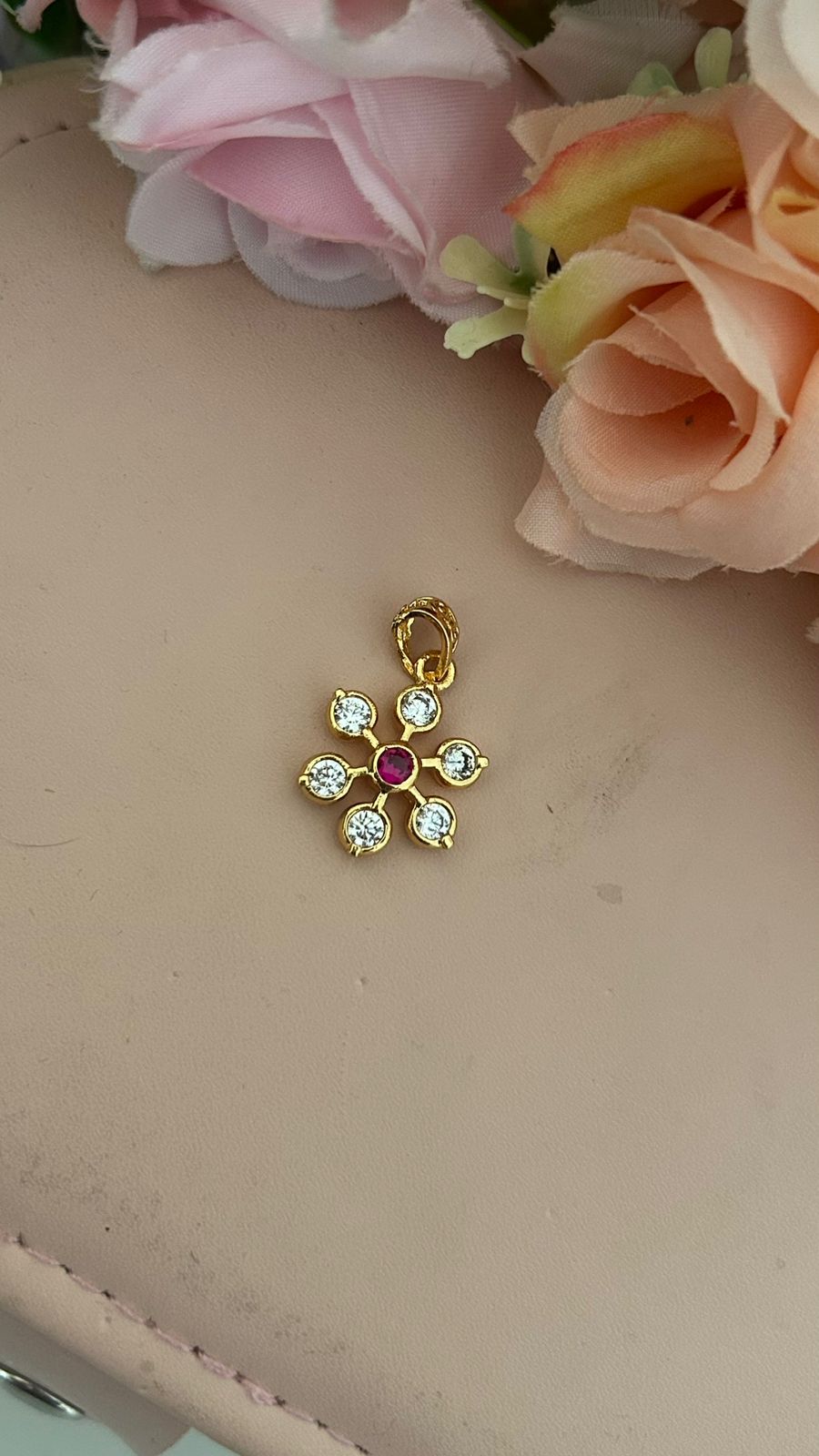 Premium Panchaloham Floral Pendant with Sparkling White Stones & Pink Center