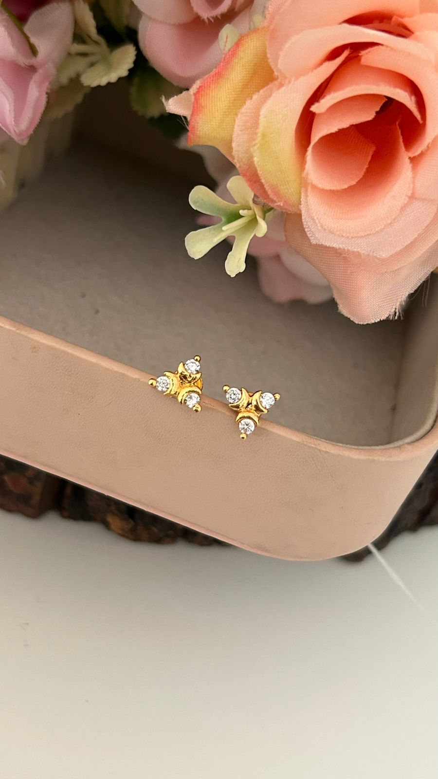 Traditional Panchaloham Three Stone Stud Earrings with Gold Finish