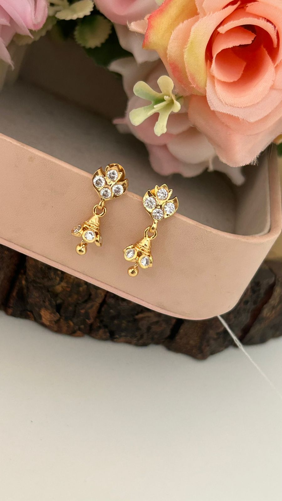 Traditional Panchaloham Flower Jhumkas with Sparkling White Stones