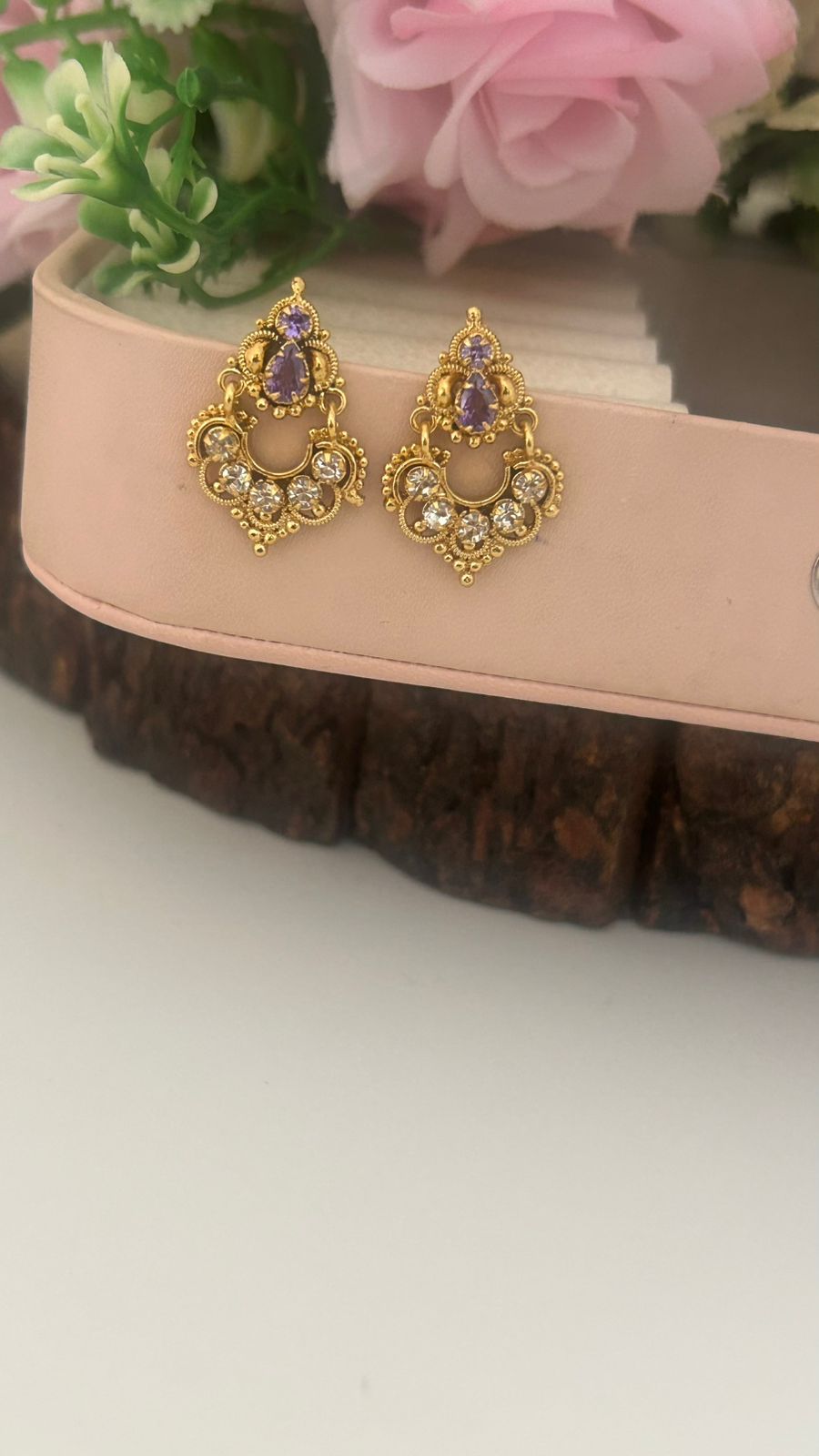 Classic South Indian purple & White Stone Screw Back Stud Earrings