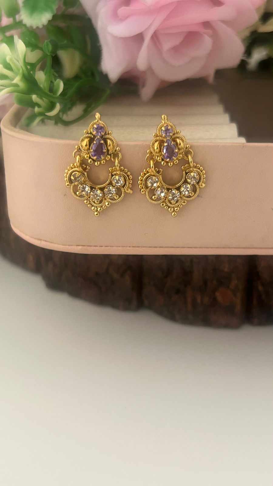 Classic South Indian purple & White Stone Screw Back Stud Earrings