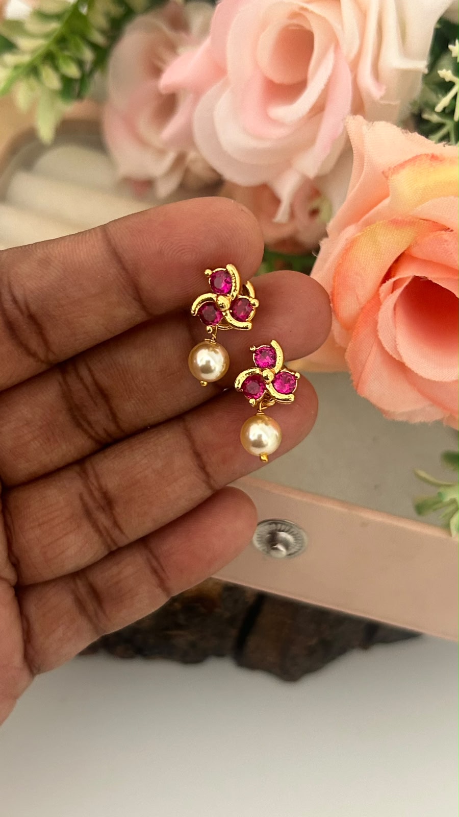 Panchaloham polished Big Stud Earrings with Detachable Swarovski Pearl Drop in colours