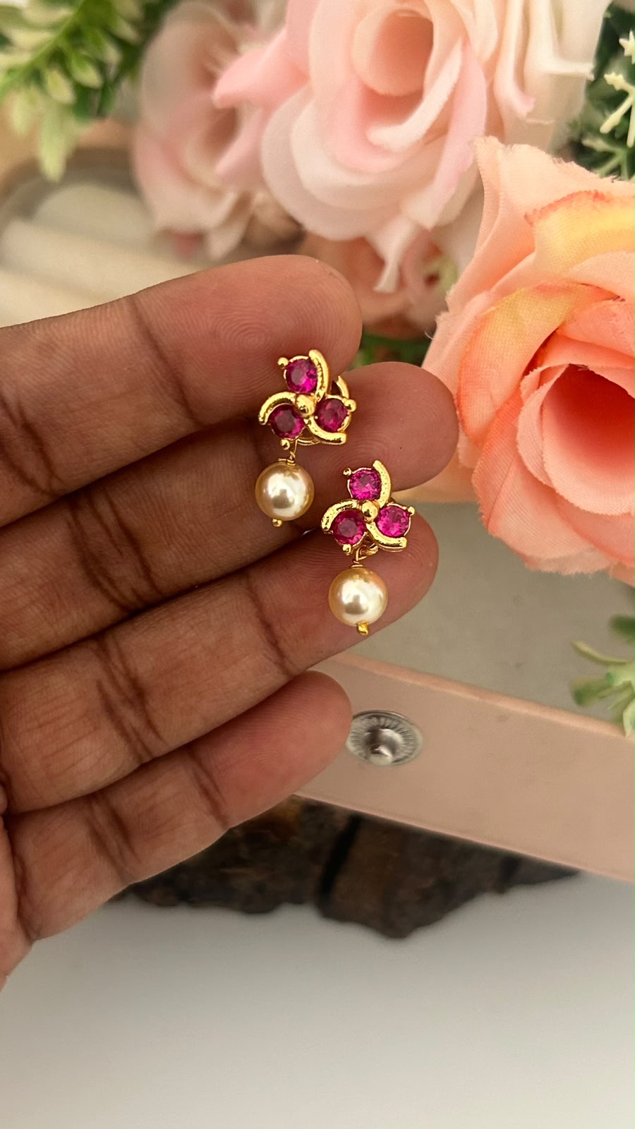 Panchaloham polished Big Stud Earrings with Detachable Swarovski Pearl Drop in colours