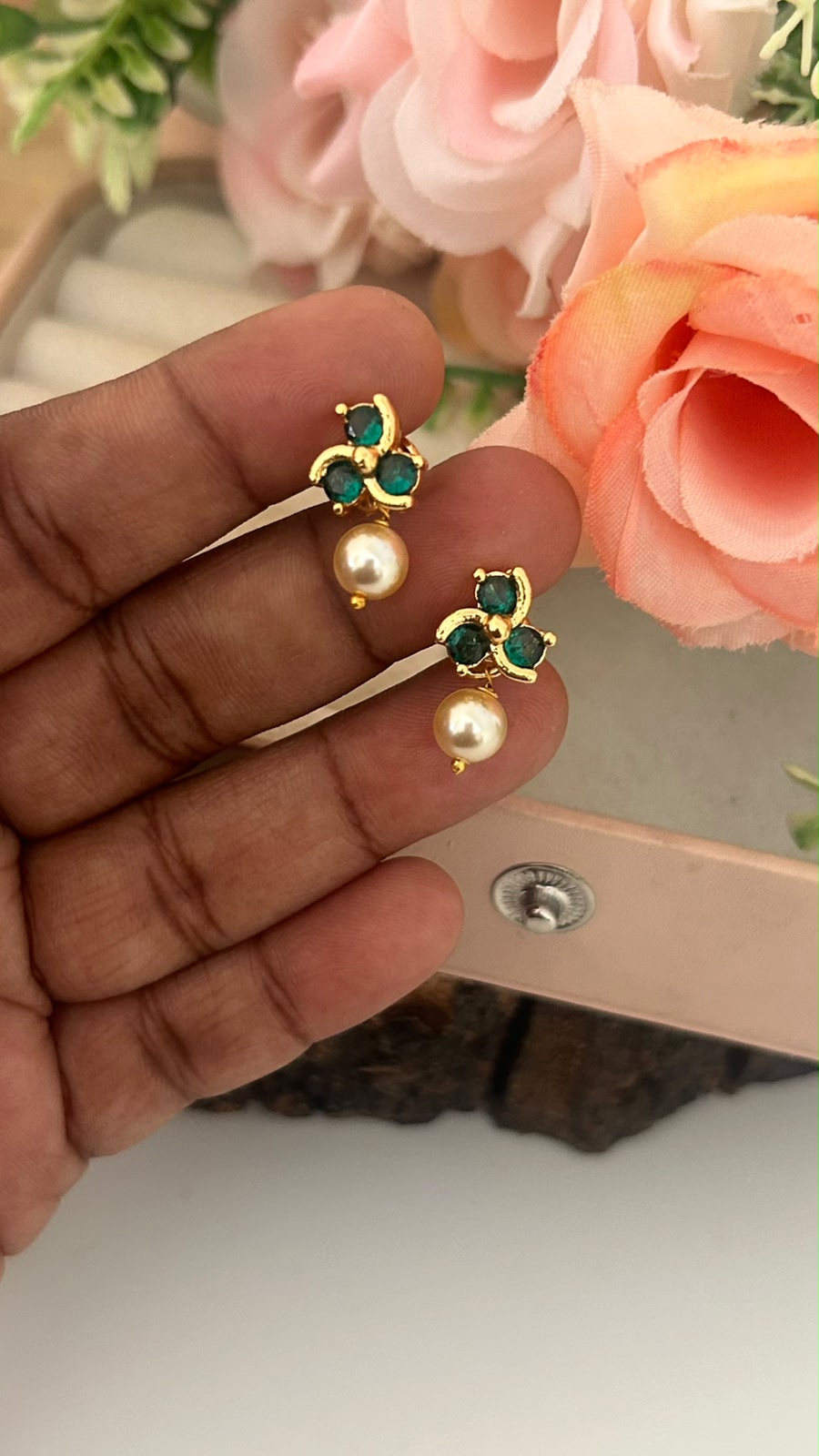 Panchaloham polished Big Stud Earrings with Detachable Swarovski Pearl Drop in colours