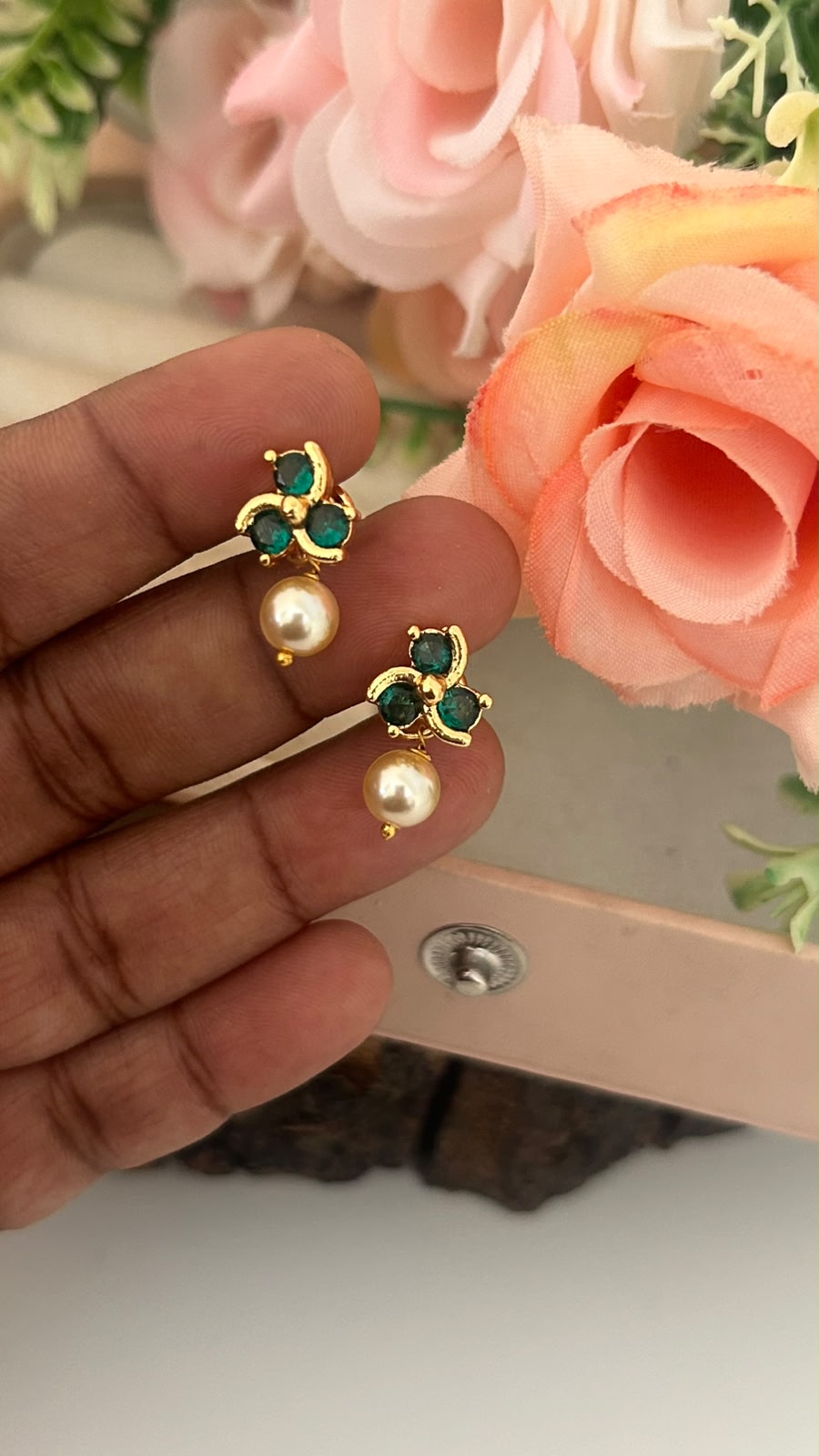 Panchaloham polished Big Stud Earrings with Detachable Swarovski Pearl Drop in colours
