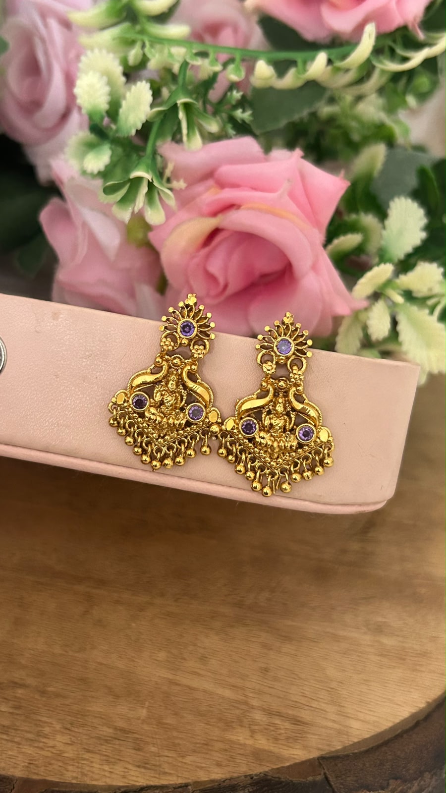 Traditional Lakshmi Screwback Earrings with Purple Stones – Gold Finish Temple Jewellery