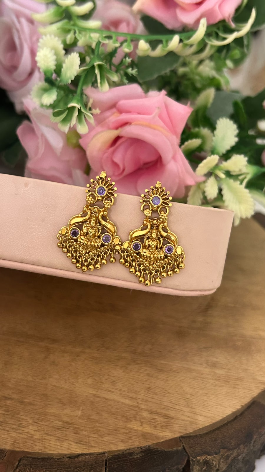 Traditional Lakshmi Screwback Earrings with Purple Stones – Gold Finish Temple Jewellery