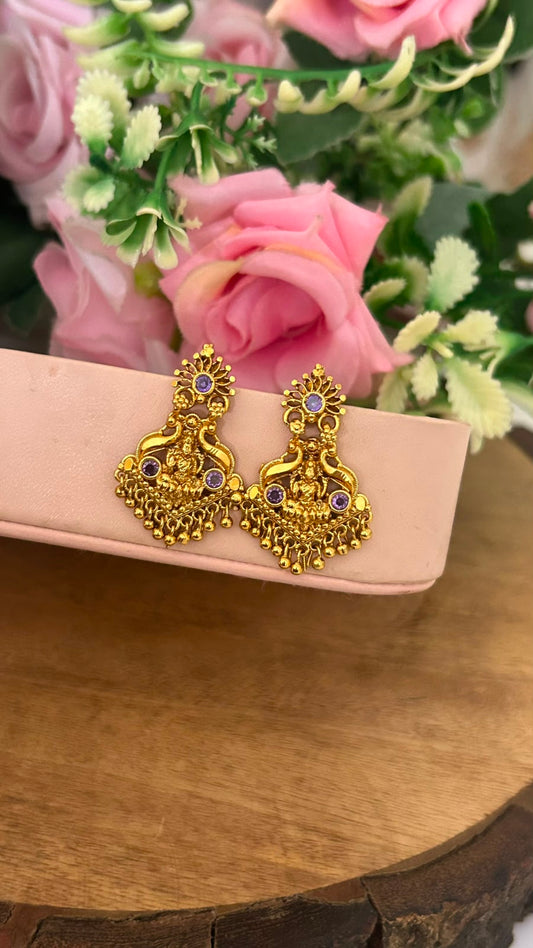 Traditional Lakshmi Screwback Earrings with Purple Stones – Gold Finish Temple Jewellery