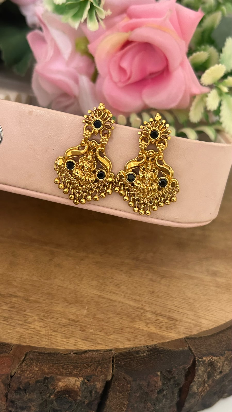 Traditional Lakshmi Screwback Earrings with Black Stones – Gold Finish Temple Jewellery