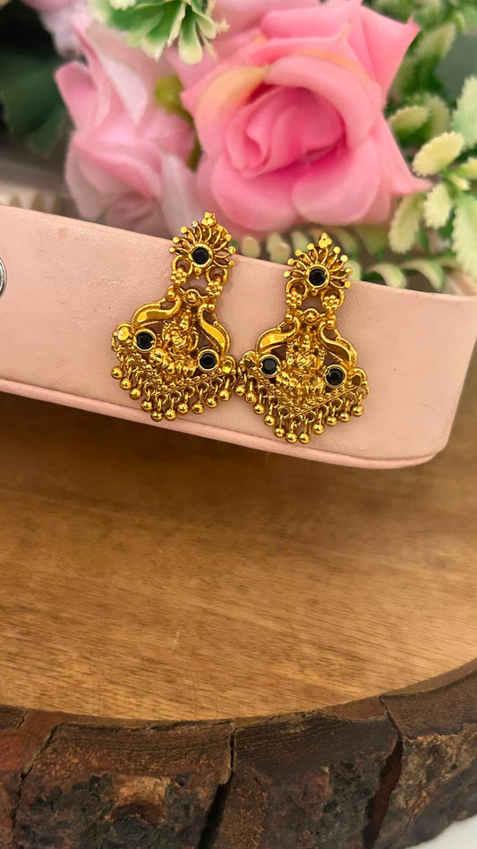 Traditional Lakshmi Screwback Earrings with Black Stones – Gold Finish Temple Jewellery