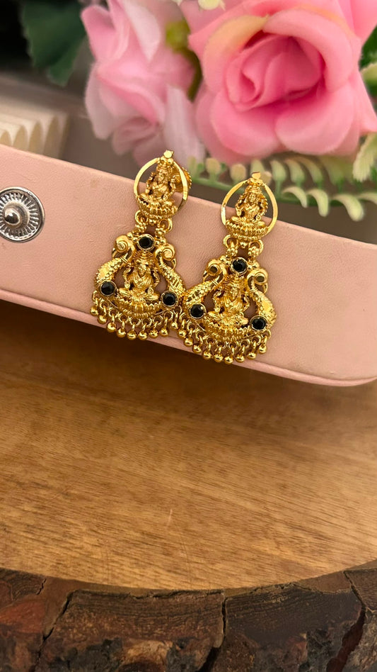 Temple Design Screwback Earrings with Black Stone Work