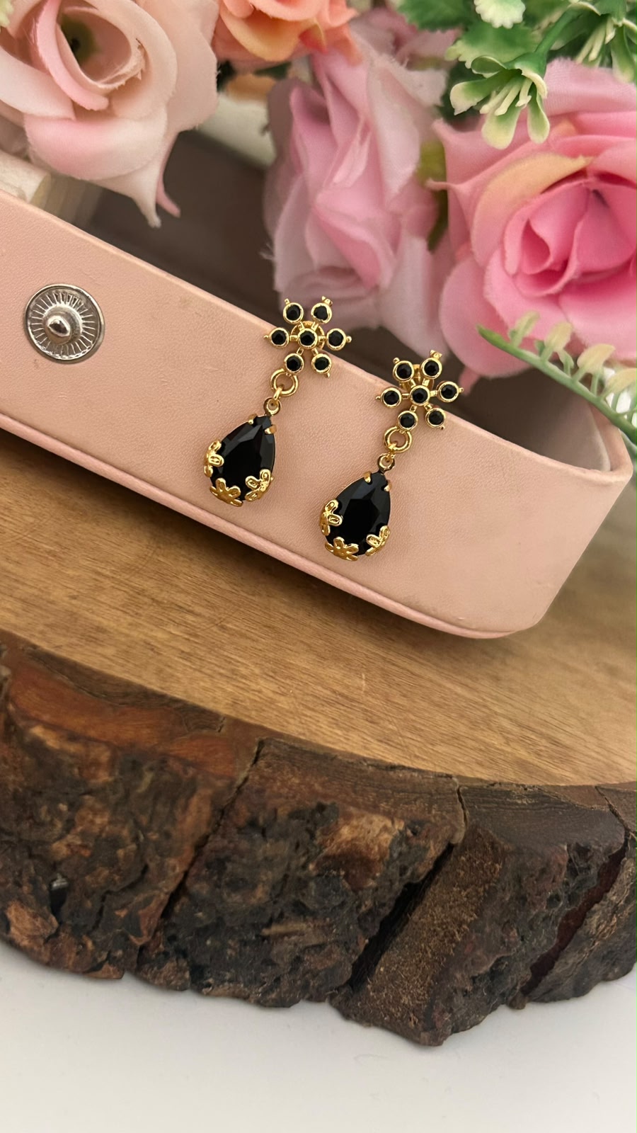 Black Stone Drop Screwback Earrings with Gold Finish Floral Stud