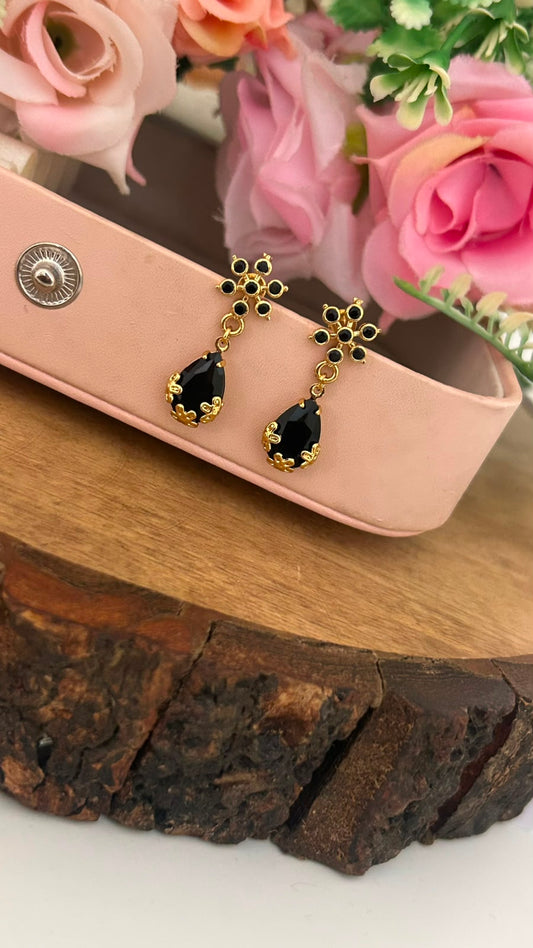 Black Stone Drop Screwback Earrings with Gold Finish Floral Stud