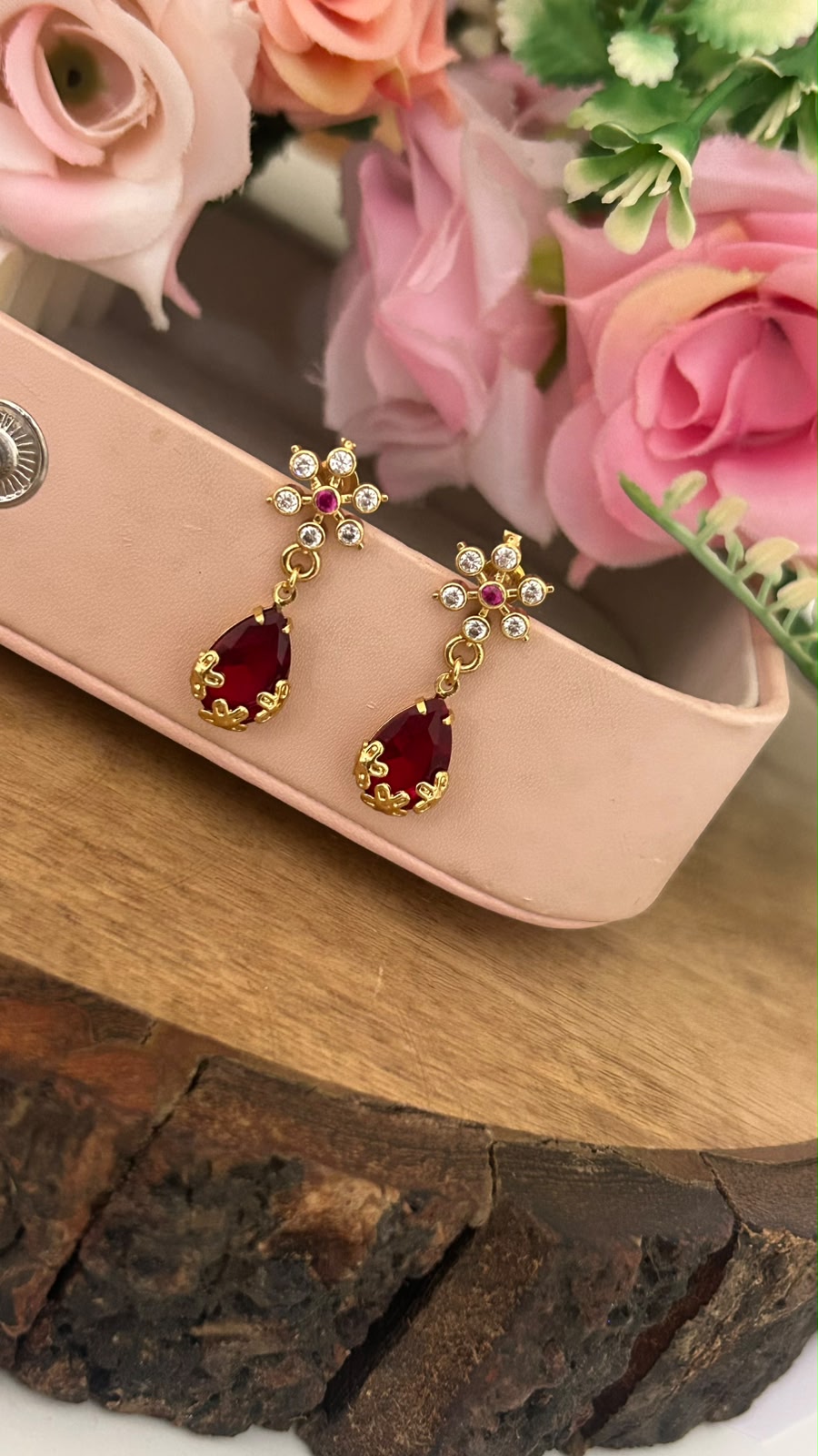 Red Stone Drop Screwback Earrings with Gold Finish Floral Stud