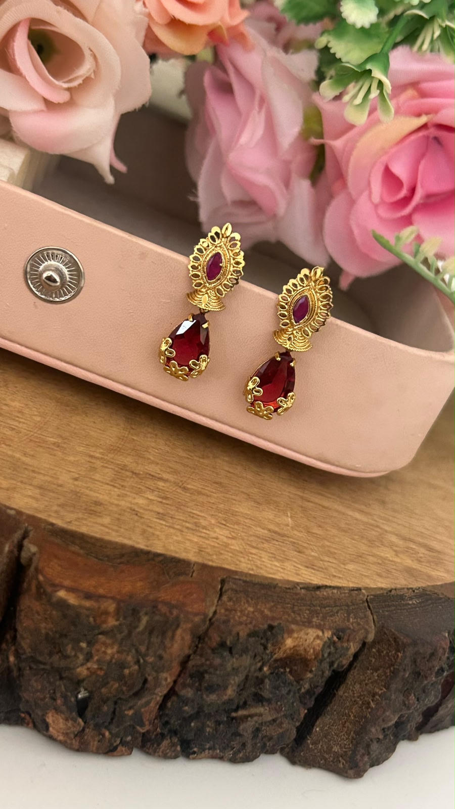 Ruby Red Drop Screwback Earrings with Gold Finish Floral Stud