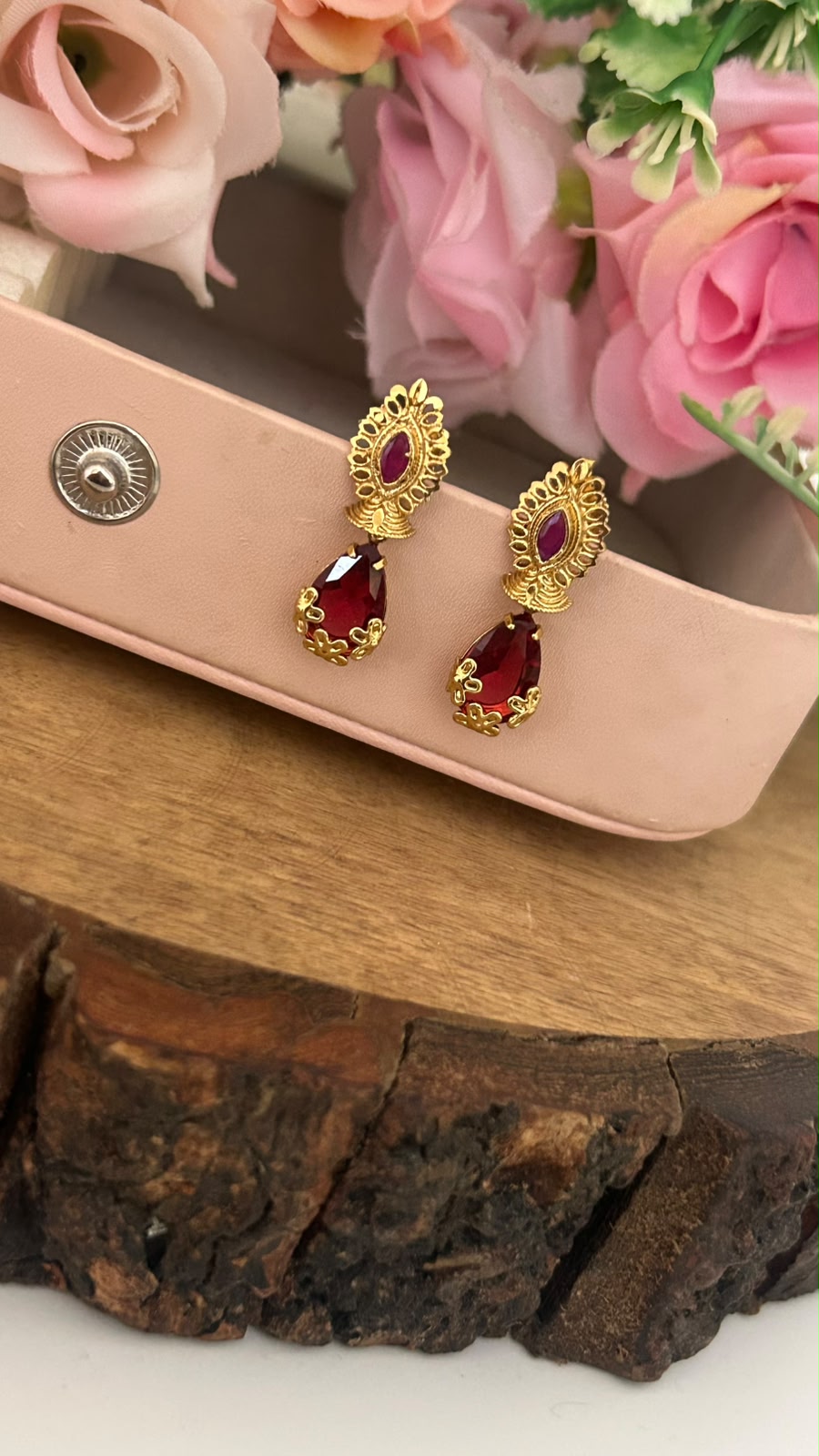 Ruby Red Drop Screwback Earrings with Gold Finish Floral Stud