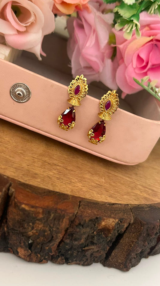 Ruby Red Drop Screwback Earrings with Gold Finish Floral Stud