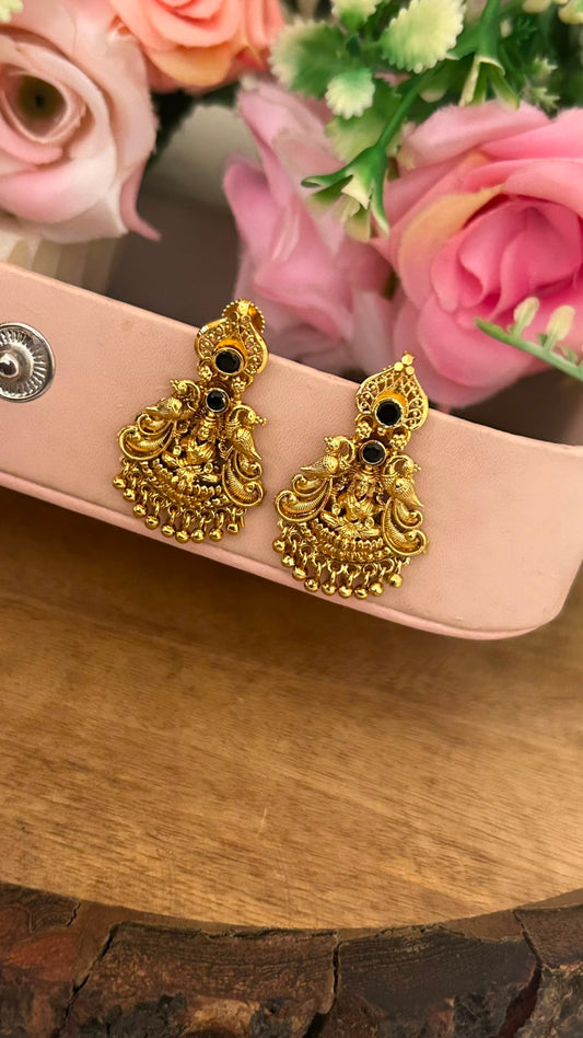 Traditional Lakshmi Peacock Screwback Earrings with Black Stones – Gold Finish