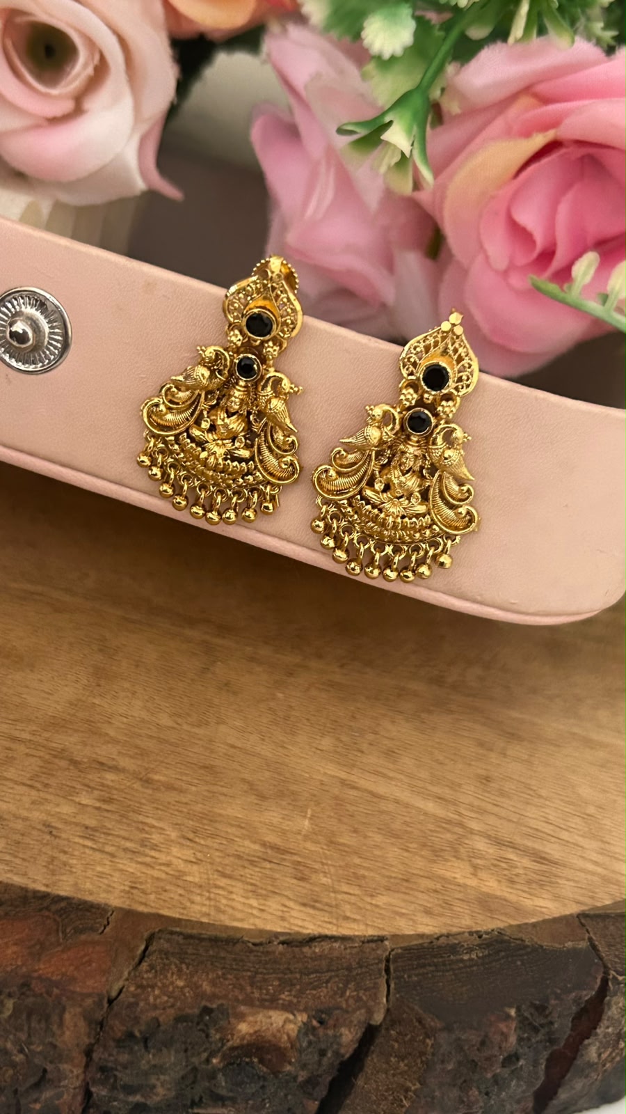 Traditional Lakshmi Peacock Screwback Earrings with Black Stones – Gold Finish