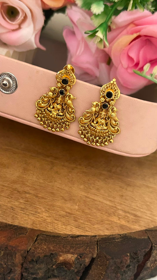 Traditional Lakshmi Peacock Screwback Earrings with Black Stones – Gold Finish