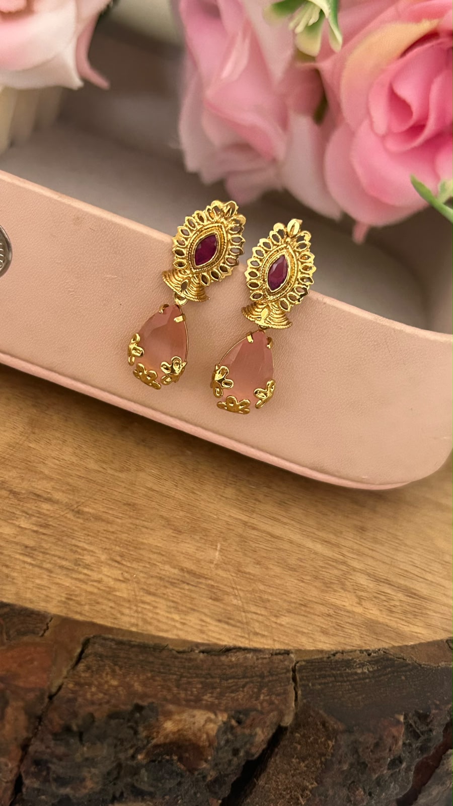 Ruby peach Drop Screwback Earrings with Gold Finish Floral Stud