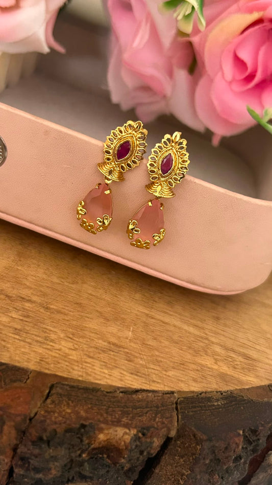 Ruby peach Drop Screwback Earrings with Gold Finish Floral Stud