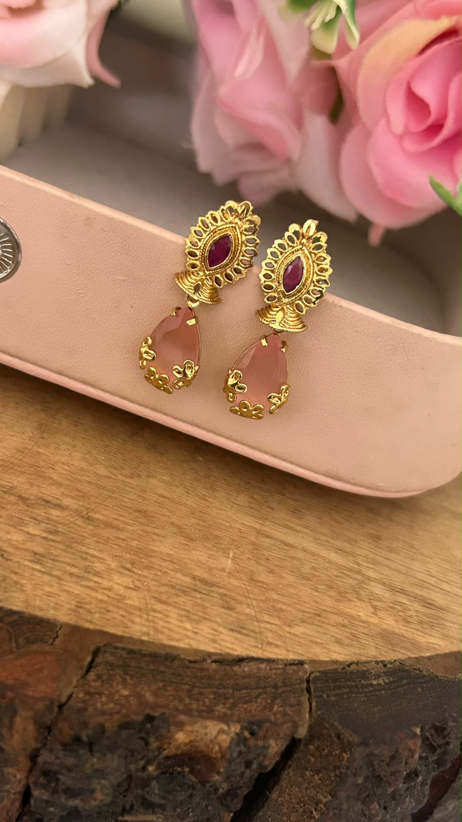 Ruby peach Drop Screwback Earrings with Gold Finish Floral Stud