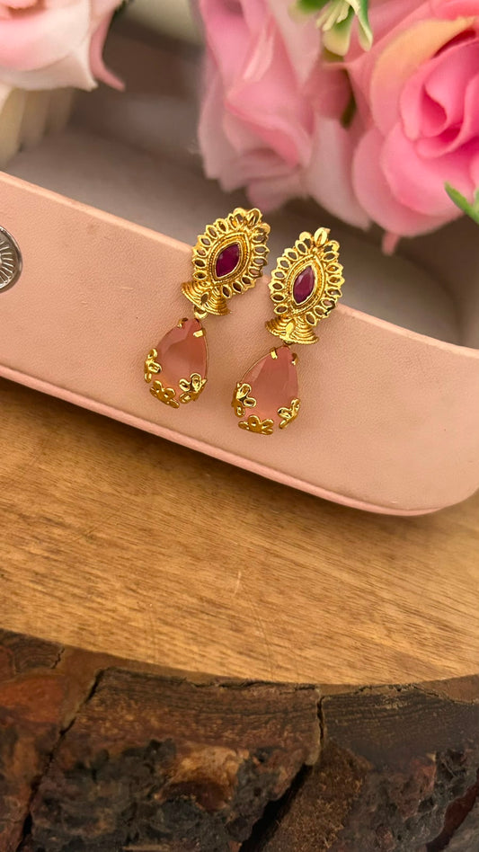 Ruby peach Drop Screwback Earrings with Gold Finish Floral Stud