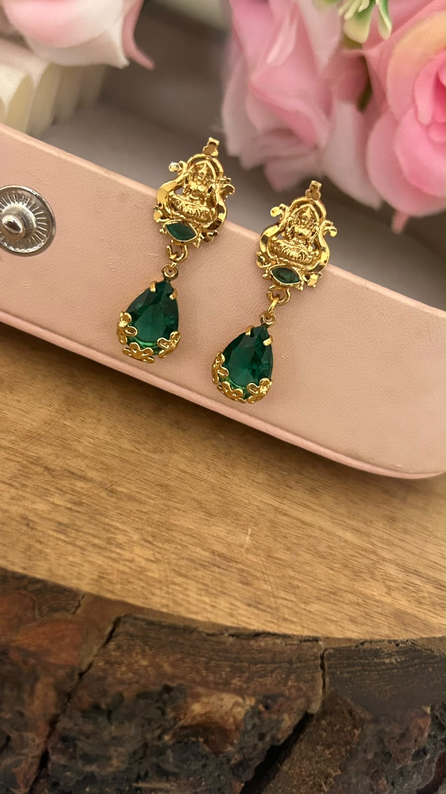 Green Stone Lakshmi Drop Screwback Earrings with Gold Finish