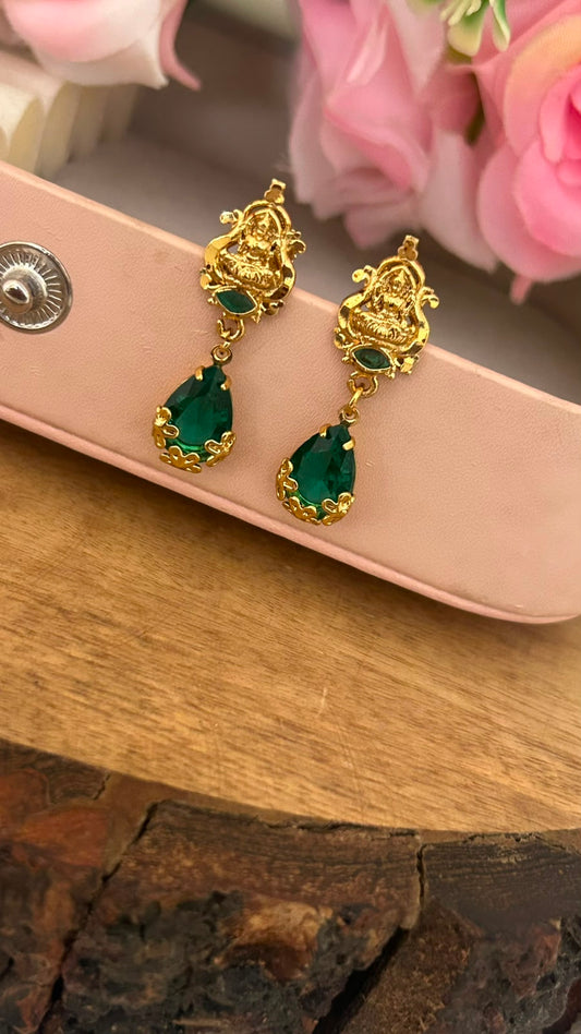 Green Stone Lakshmi Drop Screwback Earrings with Gold Finish