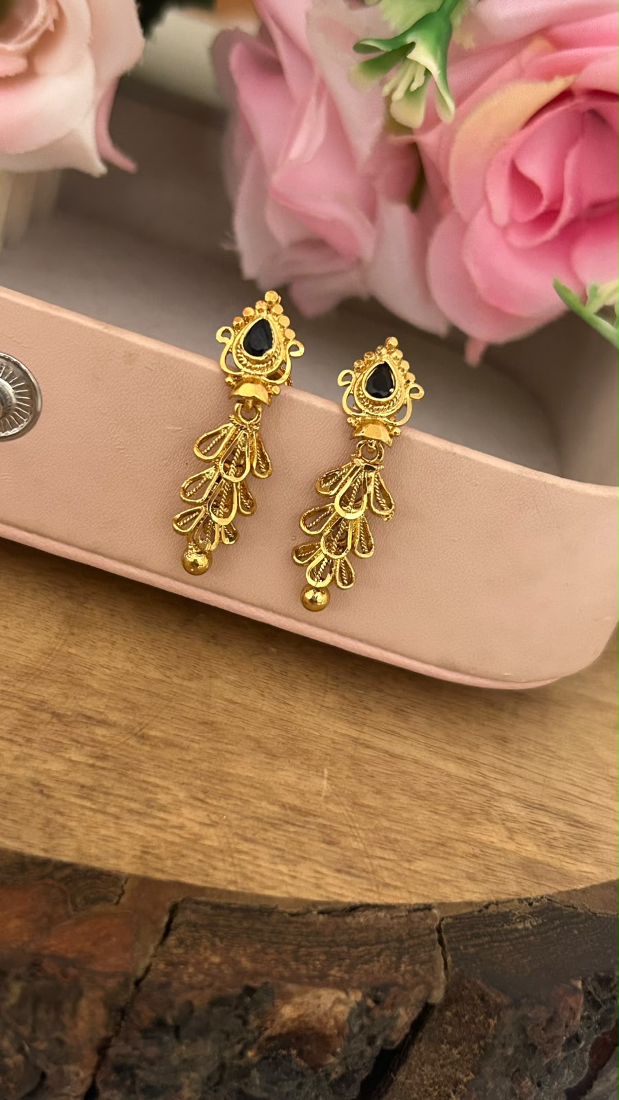 Black Stone Leaf Drop Screwback Earrings with Gold Finish