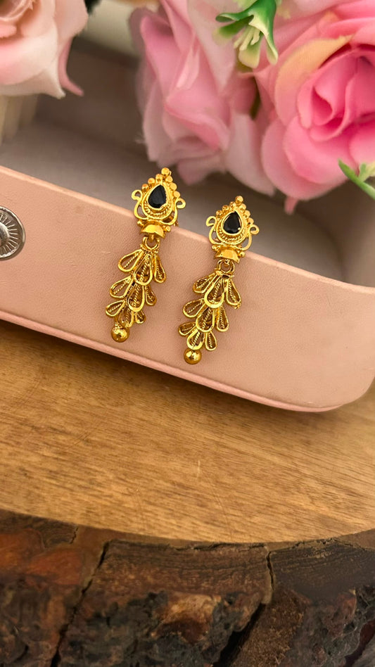 Black Stone Leaf Drop Screwback Earrings with Gold Finish