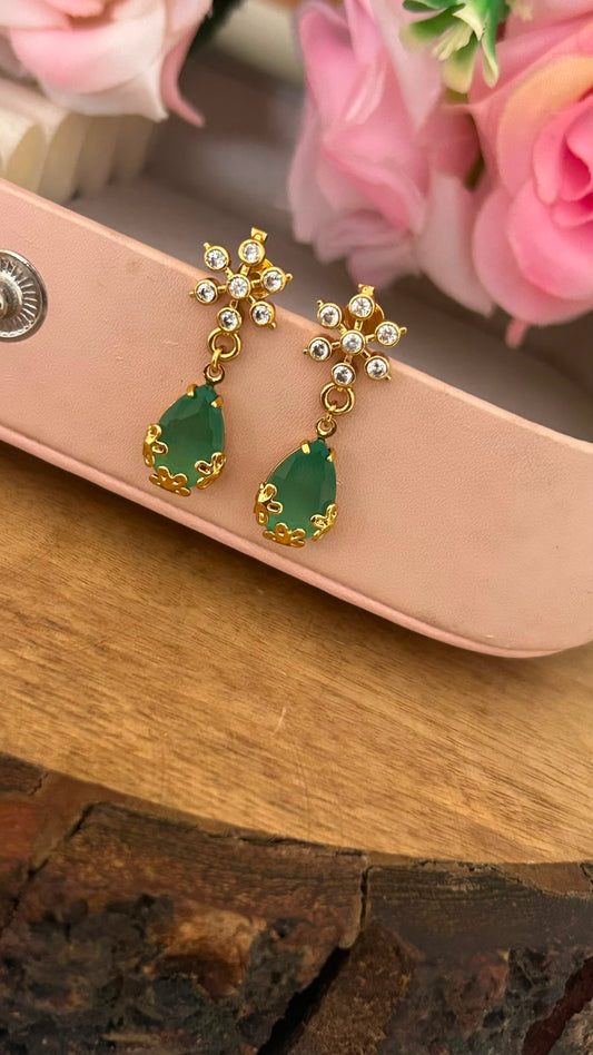 Green Stone Flower Drop Screwback Earrings with White CZ – Gold Finish