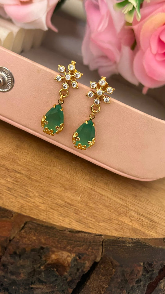 Green Stone Flower Drop Screwback Earrings with White CZ – Gold Finish