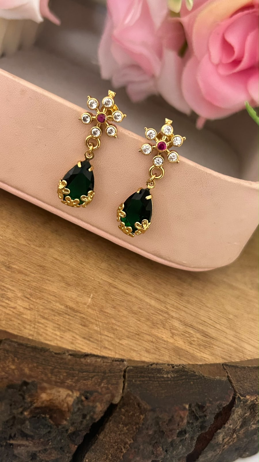 Green Drop Screwback Earrings with White CZ Flower Stud – Gold Finish