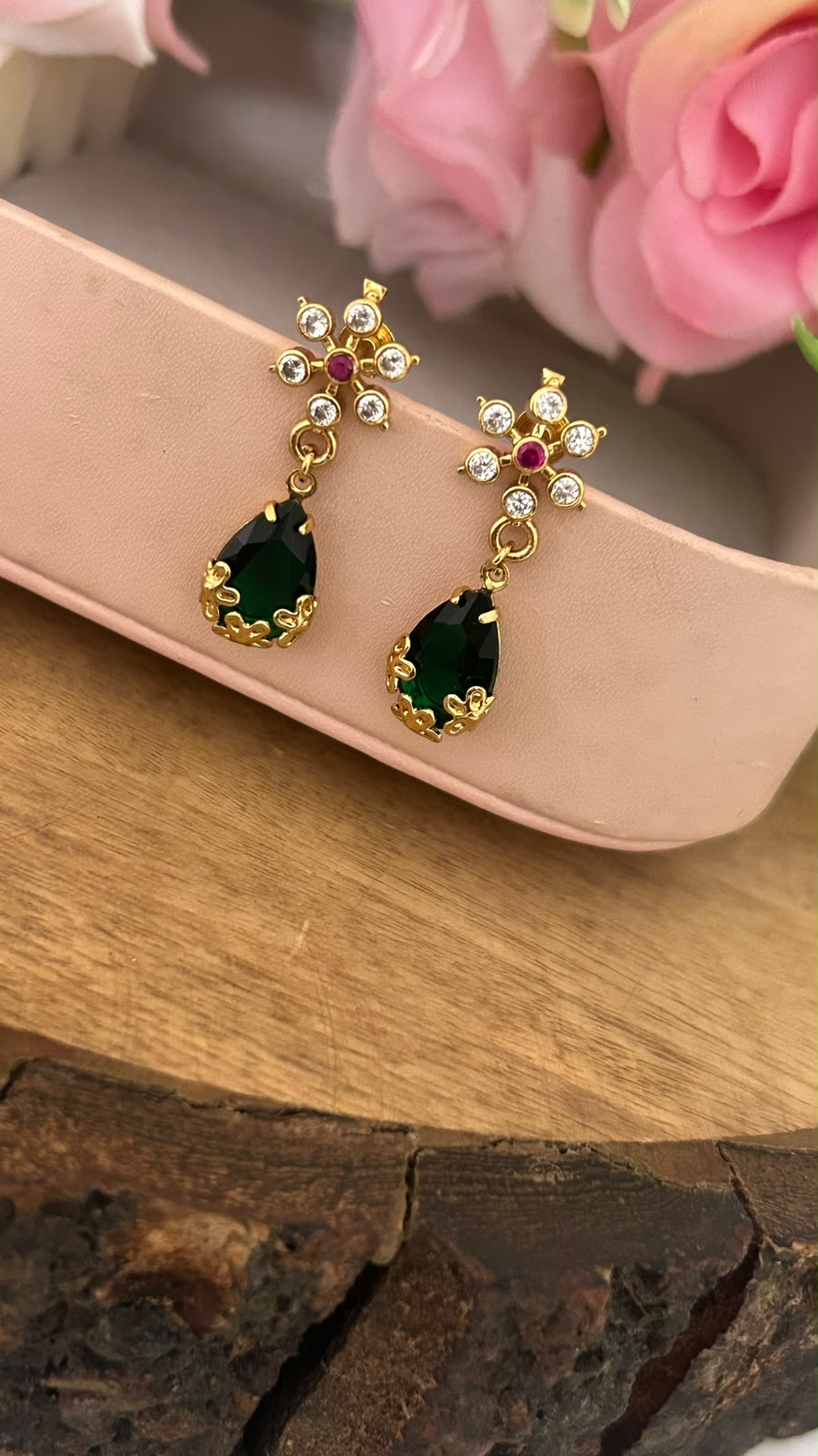 Green Drop Screwback Earrings with White CZ Flower Stud – Gold Finish