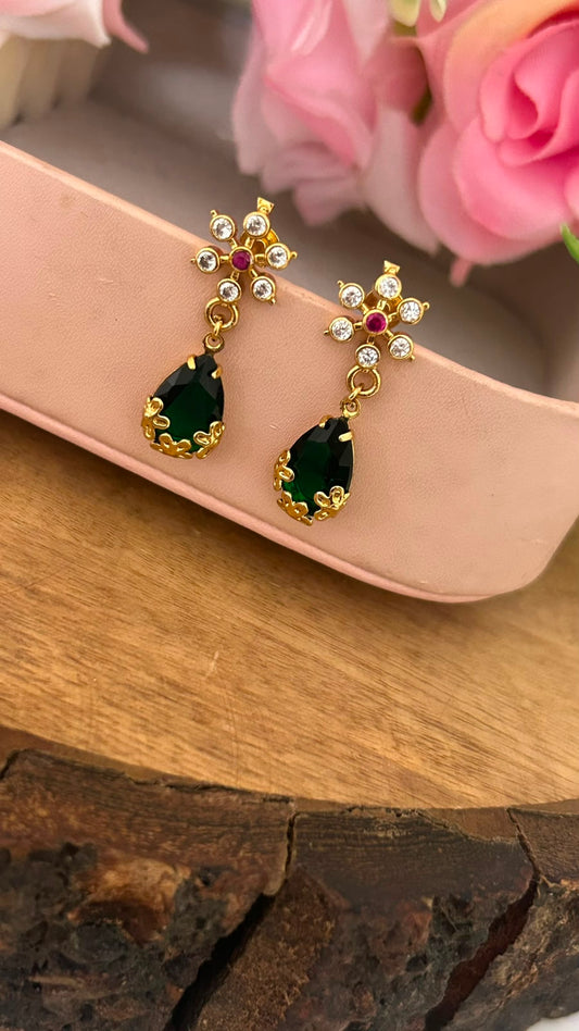 Green Drop Screwback Earrings with White CZ Flower Stud – Gold Finish