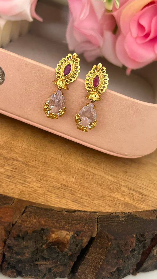 Pink Stone Drop Screwback Earrings with Gold Finish Floral Stud