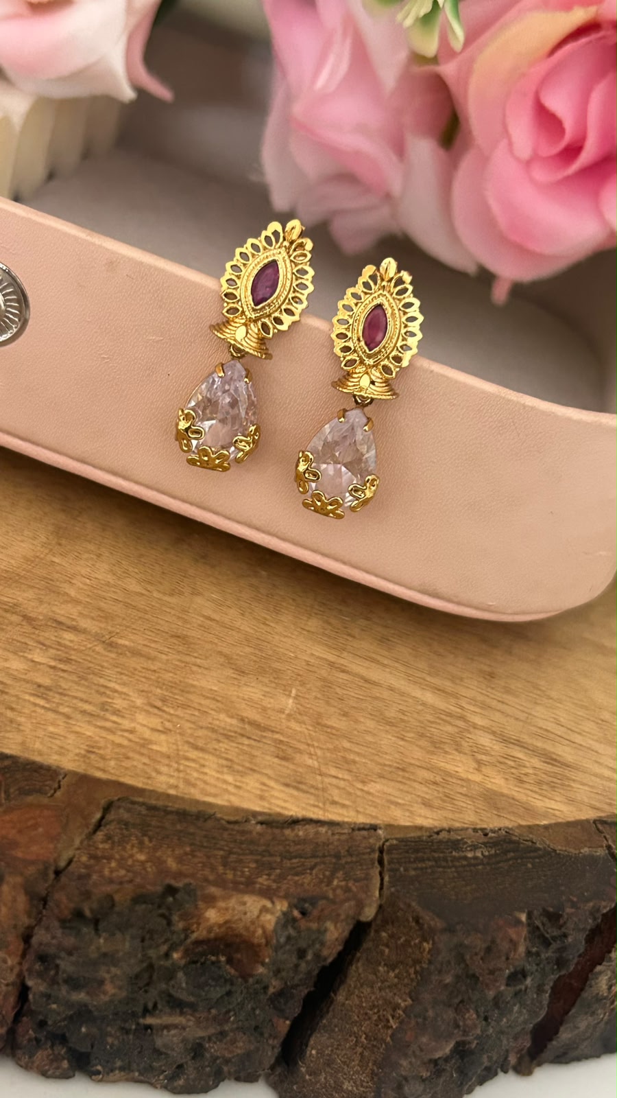 Pink Stone Drop Screwback Earrings with Gold Finish Floral Stud