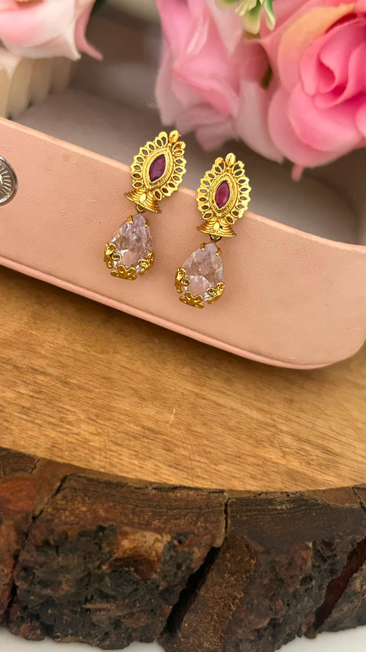 Pink Stone Drop Screwback Earrings with Gold Finish Floral Stud