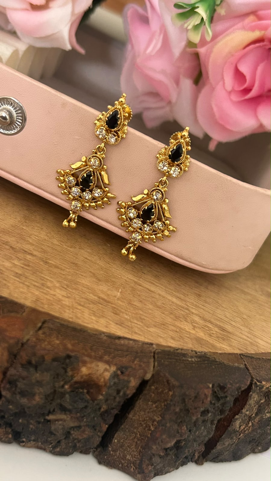Ethnic Black Stone Drop Earrings with Detailing