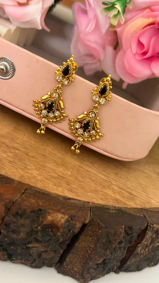 Ethnic Black Stone Drop Earrings with Detailing
