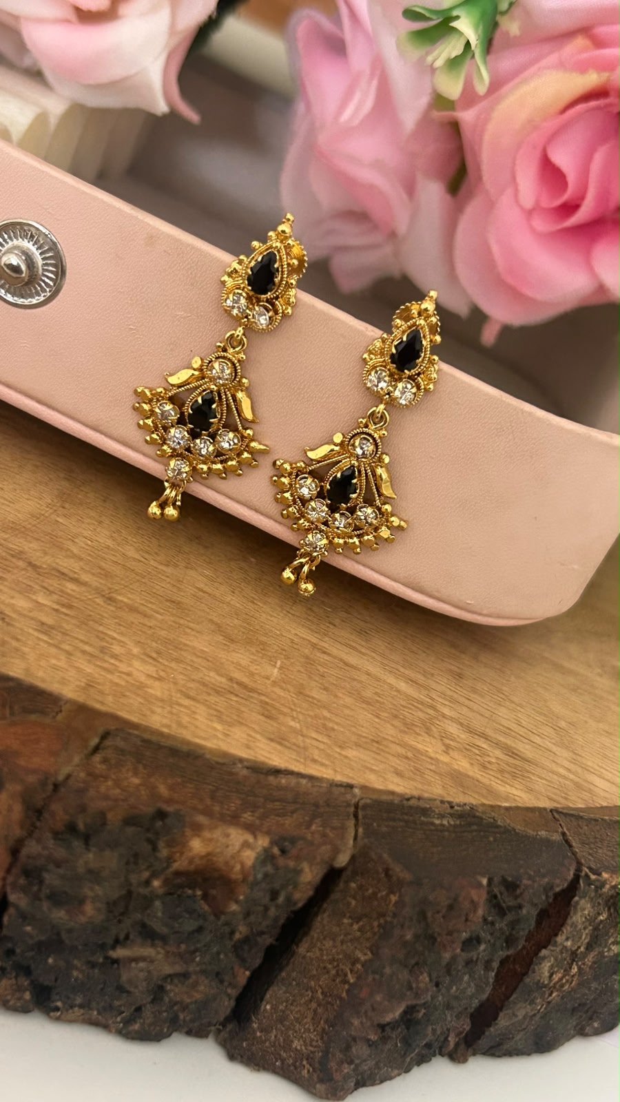 Ethnic Black Stone Drop Earrings with Detailing