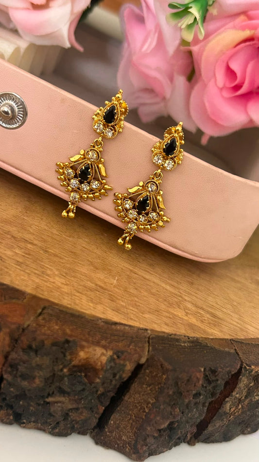 Ethnic Black Stone Drop Earrings with Detailing