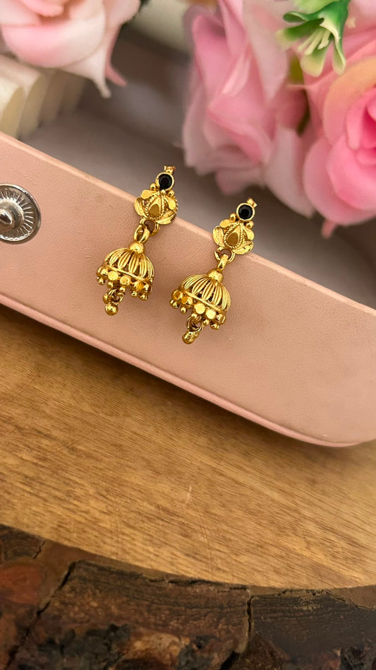 Traditional Mini Jhumka Screwback Earrings with Black Stone – Gold Finish