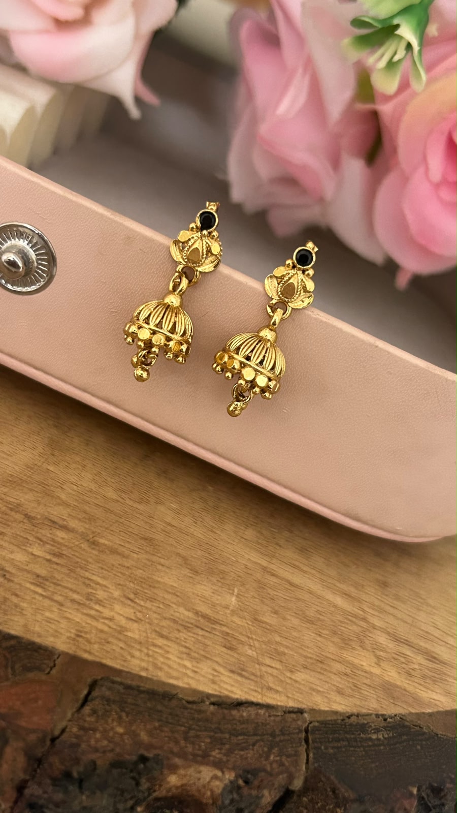 Traditional Mini Jhumka Screwback Earrings with Black Stone – Gold Finish
